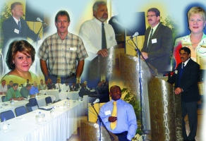 Those involved in organising the event and guest speakers for the Seminar on the second day of the venture. From left to right at the back: Mr C Perold, Mr K Mitton, Prof RH du Pré, Prof. HJ de Jager and Ms Z Kotze. In the middle: Ms R Riekert and Prof. P Mendonidis with Mr A Maphosa at the bottom